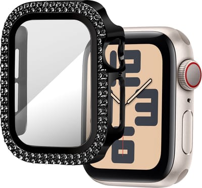 Bandz Diamond hoesje met screenprotector geschikt voor Apple Watch 10 - 42mm & Apple Watch 11 - 42mm case case - hard plastic beschermhoes - glazen screenprotector - Full cover case + screenprotector (zwart)