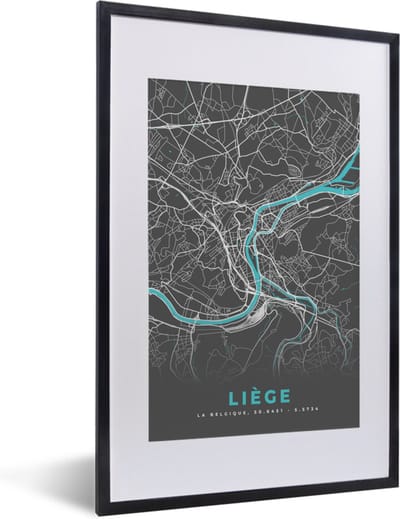 Fotolijst incl. Poster - Kaart – Plattegrond – Stadskaart – Liège – België - Grijs - 40x60 cm - Posterlijst
