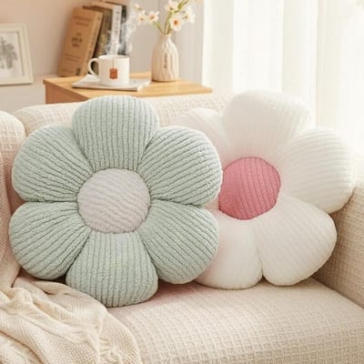 Set van 2 Bloemkussens 40 cm Decoratieve Kussens voor Kinderen, Meisjes, Sofa en Stoel in Wit en Blauw