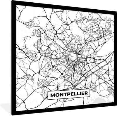 Fotolijst incl. Poster Zwart Wit- Montpellier - Stadskaart - Plattegrond - Kaart - Frankrijk - Zwart wit - 40x40 cm - Posterlijst