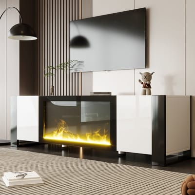 Wishdor Tv-Meubel - Lowboard Met Elektrische Sfeerhaard Met Vlammenbeeld Zonder Verwarming - Hoogglans Spaanplaat - Wit En Zwart - 165 x 55 x 32 cm