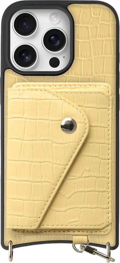 AVY Leren Hoesje Geschikt voor Apple iPhone 16 Pro | Met Magnetische Kaarthouder | Compatibel met MagSafe | Leather Case met Wallet | Croco Geel