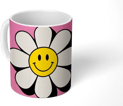 Mok - Koffiemok - Smiley - Bloem - Roze - Mokken - 350 ML - Beker - Koffiemokken - Theemok