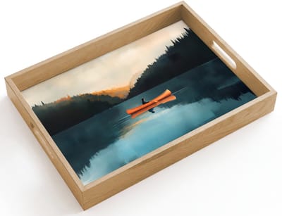 Dienblad hout 40x30 cm - Schootdienblad - Bossen - Meer - Kano - Oranje - Borrelplank rechthoek - Plateau dienbladen