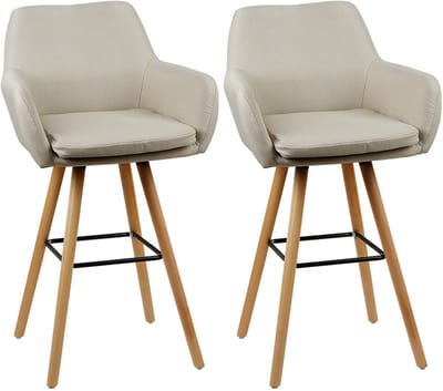 PIPIPOXER-Set van 2 barkrukken met vierpoot houten frame, beige