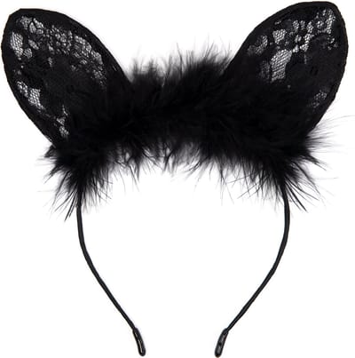 KIMU® Haarband Bunny Muis Kant Zwart Dons - Konijnoortjes Diadeem Halloween - Lace Kanten Oortjes Muizenoortjes Konijn Zwarte Oren Burlesque Festival