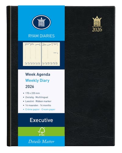 Ryam | Bureau agenda | Executive Crème 6-Talig Mundior | 2026 | Genaaid gebonden | 170 x 220 mm | 14 mnd | Zwart