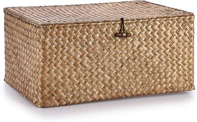 Famanu – Mandje - wicker - opbergen - vierkant - voor op tafel - geweven - met deksel - voor de badkamer - organizer - woonkamer - decoratief - onder een plank - veelzijdig opbergidee (koffie - XL)