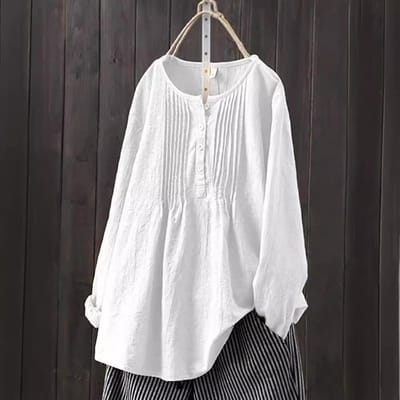 Chemisier ample à manches longues et col rond pour femme, chemise ample, Vintage, Harajuku, couleur unie, en coton et lin, hauts surdimensionnés, automne M blanc