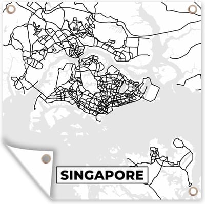 Tuin poster Singapore - Plattegrond - Stadskaart - Zwart Wit - Kaart - 200x200 cm - Tuindoek