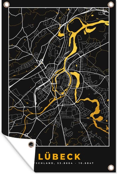 Muurdecoratie Lübeck - Plattegrond - Goud - Stadskaart - Kaart - Duitsland - 120x180 cm - Tuinposter - Tuindoek