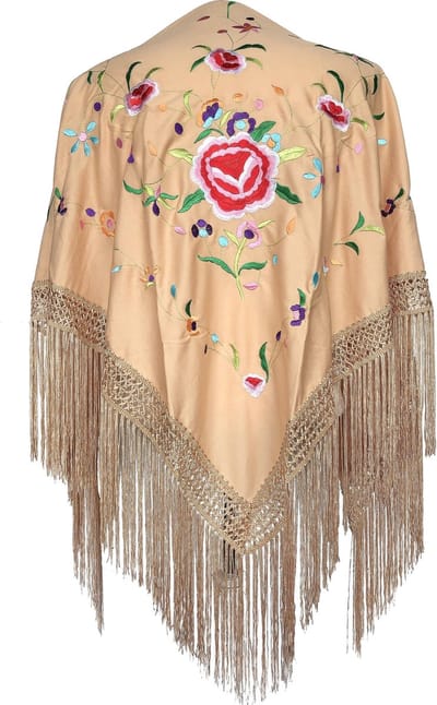 Spaanse manton - omslagdoek - beige diverse bloemen bij verkleedkleding of Flamenco jurk