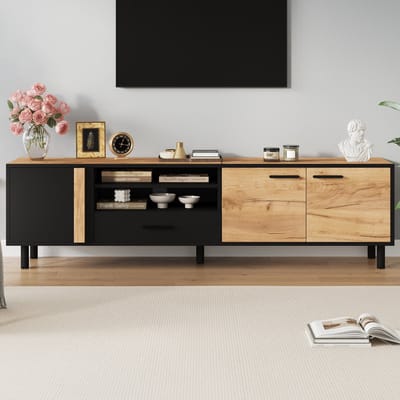 PHOEBE CAT Tv-meubel - Met lades - 5 poten - Geschikt voor tv's van 80 inch - Zwart + Natuurlijke