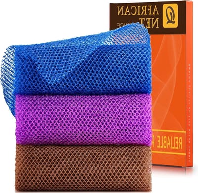 Afrikaanse Bad Spons - Net Douche Spons - Huid Reinigen - Extra Lange Net - 3 Stuks - Blauw Zwart Beige