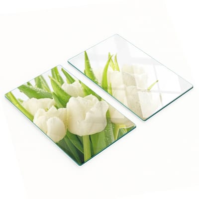 Decoratieve glazen snij- en serveerplanken met witte tulpenmotief, 2x30x52 cm