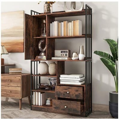 Boekenkast - MUVOE - 6 planken - Antiek bruin - Lades en deuren - Industrieel vintage stijl zwart