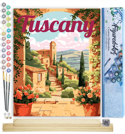 Figured'Art Schilderen op Nummer Volwassenen canvas Reisposter Toscane in Bloei - Handwerk acrylverf Kit DIY Compleet - 40x50cm met DIY houten lijst