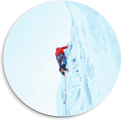 Forex Wandcirkel - Ijsberg Beklimmend Persoon - 40x40cm Foto op Wandcirkel (met ophangsysteem)
