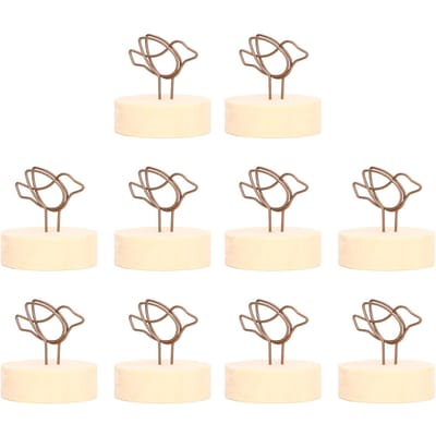 10 pcs Support de Carte Vertical Bois Base Ronde Clip Antique en Forme d'Oiseau Porte-Numéro de Table pour Mariages beige