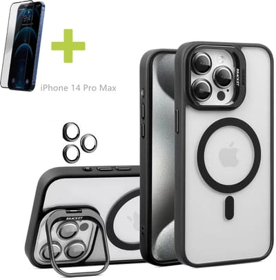 Standaards Hoesje voor iPhone 14 Pro Max, Compatibel met MagSafe Hoes, Acryl + TPU Case met Metaal Camerafolie, Transparant, Zwart - Screenprotector