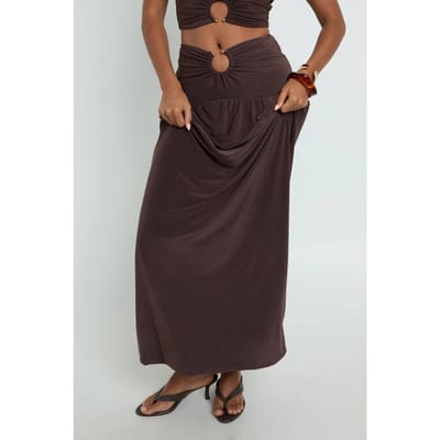 boohoo Dames Dubbele Laag Slinky Geplooide Maxi Rok Met Ring Detail | Chocolate | Maat: 6