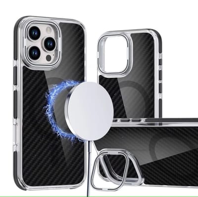 Magsafe Hoesje Geschikt voor iPhone 16 Plus hoesje Zwart Heavy Duty Carbon Case met Versterkte Zijkanten, MagSafe en Camera Kickstand