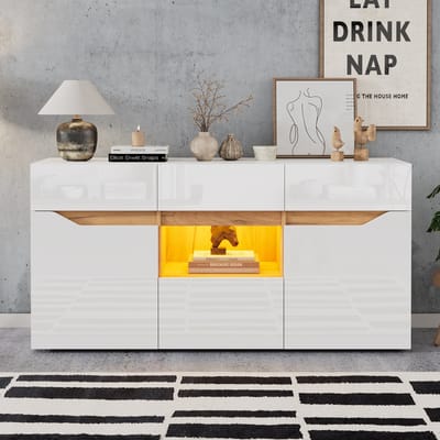MODFU - Dressoir - 4 Lades En 2 Kastvakken - Hoogglans Front Met Ledverlichting - Voor Woonkamer - Wit En Houtkleur - 140 X 40 X 70 Cm