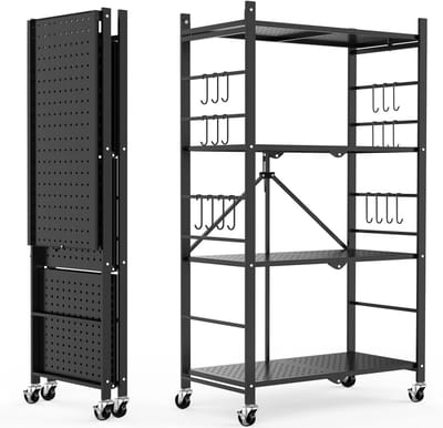 Opslagplanken met 20 haken - 4-laags opvouwbare planken voor opslag met wielen - Metalen opbergrek voor keuken en garage