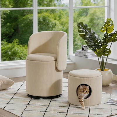 360 Graden Draaibare Kaptafel Stoel - Beige Gestreepte Eetkamerstoel - Kuipstoel Met Opbergruimte - 48x52x75 cm - Draaibaar - Slaapkamer Beige