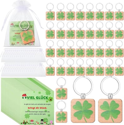 Gelukspoppetjes - Geluksset - Houten Klavertje Vier Sleutelhanger - Inclusief Gelukswensen - Mooi Verpakt in Organza Zakjes - Voor Vriendinnen en Collega's