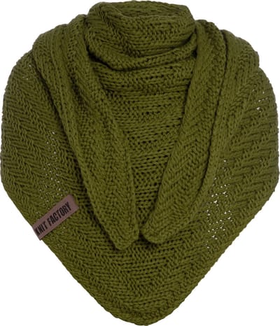 Knit Factory Sally Gebreide Omslagdoek - Driehoek Sjaal Dames - Dames sjaal - Wintersjaal - Stola - Wollen sjaal - Groene sjaal - Mosgroen - 220x85 cm - Grof gebreid