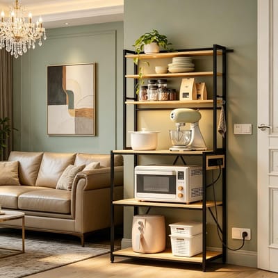 Modern stijl displayrek, coffee bar station, keukenrek met stopcontacten, keukencomode, mini keuken werkstation – Licht eiken, metaal & hout