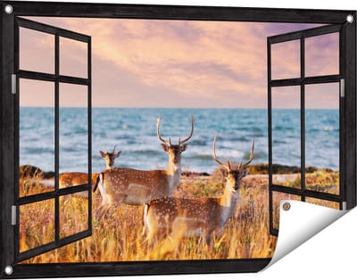 Gards Tuinposter Doorkijk Drie Herten aan de Zee tijdens Zonsondergang - 90x60 cm - Tuindoek - Tuindecoratie - Wanddecoratie buiten - Tuinschilderij