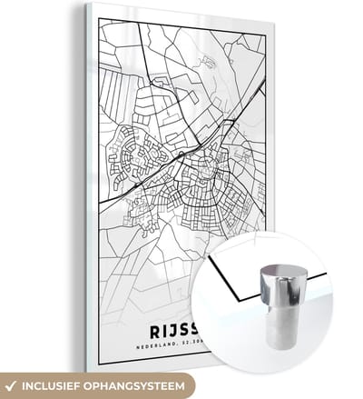 MuchoWow® Glasschilderij 40x60 cm - Schilderij acrylglas - Kaart - Rijssen - Zwart - Wit - Foto op glas - Schilderijen