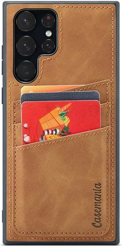 Suede back cover met pasjes vakje - Geschikt voor Samsung S22 Ultra - Suede/TPU backcover - Bruin