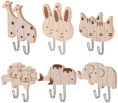 Dailygoods- Dierenkledinghaken 12 stuks - Houten Wandhaken - Zelfklevend - Diermotief - Voor Kinderen - Afmetingen Olifant 6 × 5,5 cm