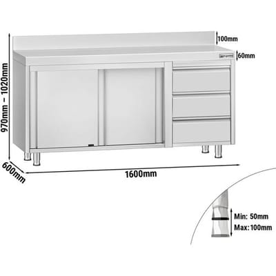 GGM Gastro Edelstahl Arbeitsschrank ECO - 1600x600mm - mit 3 Schubladen rechts & Aufkantung Zilver