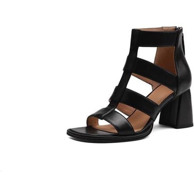 Nieuwe Mode Zomer Vetersandalen met Open Teen van Koeienleer Gladiator Sandalen Mode Romeinse Stijl Handgemaakte Schoenen Vierkante Hak Damesschoenen 39 black