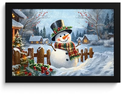 Poster in lijst - Fotolijst 30x20 cm - Posters - Sneeuwpop - Winterdorp - Kleurrijk - Posterlijst zwart - Decoratie - Wanddecoratie woonkamer - Muurdecoratie slaapkamer