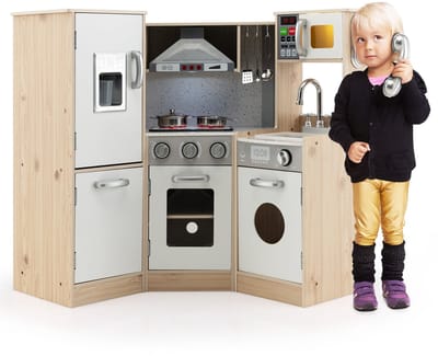 COSTWAY Kinderkeuken met accessoires, speelkeuken hout met licht en geluid, hoekkeuken kinderen incl. gootsteen oven magnetron kookplaat, speelgoedkeuken voor kinderen vanaf 3 jaar