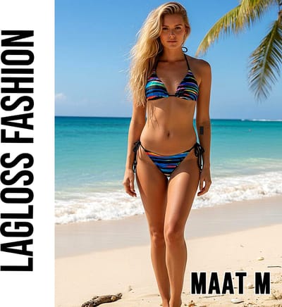 LaGloss® Dames Sexy Kleurrijke Gestreepte Bikini Set – High-Stretch Zwemkleding met Vetersluiting - Levendige Groen/Geel/Oranje Strepen - Modieuze Tweedelige Bikini – Maat M