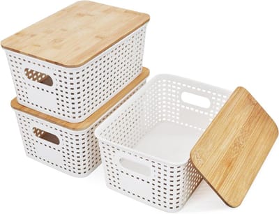 JGS Premium - Opbergdozen met bamboedeksel 5 liter - set van 3 - wit - 25 x 18 x 10 cm - mand plastic doos - gelaagde stapelboxen - badkamer keuken opbergdozen - rotan organizer box - voor rek kasten kast - opbergoplossing - diverse ruimtes
