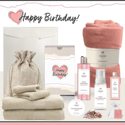 Geschenkset “Happy Birthday!” - 11 producten - 1660 gram | Triomf Original - Giftset voor haar Cadeau Valentijnsdag Luxe wellness cadeaubox Vrouw Ik hou van jou Cadeaupakket Kerst Geschenk Moeder Verjaardag Gift Set Valentijn Vriendin Roze Beige