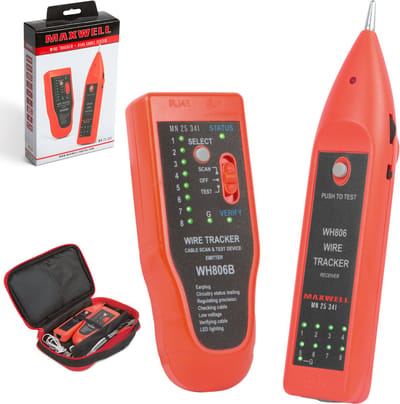 MAXWELL Netwerk Tester - RJ45 en RJ11 Kabel Tester - Internet LAN tester - Incl. 2x Batterijen - Incl. RJ11 en RJ45 kabel - Incl. Oordopjes en Bewaaretui