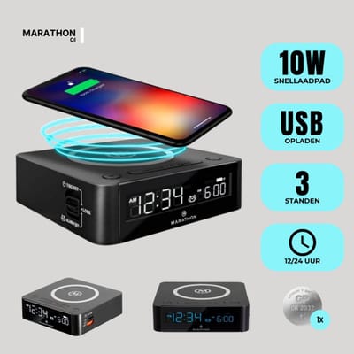 Marathon Wekker - Draadloze oplader - Digitale Wekker - Wekker Analoog - Wekkers - Wekkerradio- Wireless charger - Draadloze opladers - digitale klok