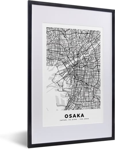 Fotolijst incl. Poster Zwart Wit- Osaka - Stadskaart - Zwart Wit - Plattegrond - Kaart - 40x60 cm - Posterlijst