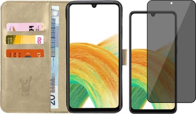 Hoesje geschikt voor Samsung Galaxy A33 - Book Case Kunstleer Wallet Cover Portemonnee Pasjeshouder Hoes Goud - Tempered Glass Privacy Screenprotector