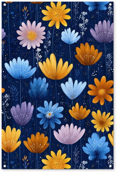 Tuinposter 80x120 cm - Tuindecoratie Bloemen - Patroon - Blauw - Contrast - Poster voor in de tuin - Buiten decoratie - Schutting tuinschilderij - Tuindoek muurdecoratie - Wanddecoratie balkondoek