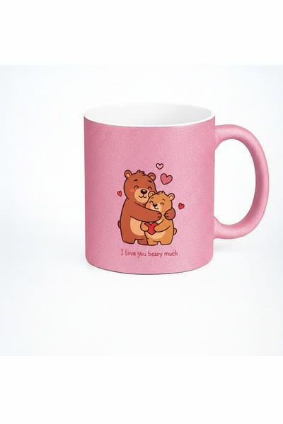 Roze Glitter Mok 'I Love You Beary Much' met Knuffelende Beertjes - Liefdes Mok Cadeau