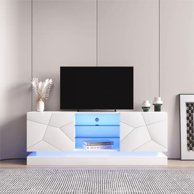 Sweiko Witte Hoogglans TV Kast met 16-kleuren LED verlichting, 160cm, Verstelbare glazen plank, 70 Inch ruimte, Stijlvolle opslag met stille scharnieren